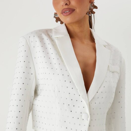 MISSPAP Women's Diamante Embellished Crop Blazer in Ivory | Size: 8
