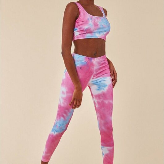 Tie-dye Crop Top With Leggings Set - Pinkblue by Cosmochic