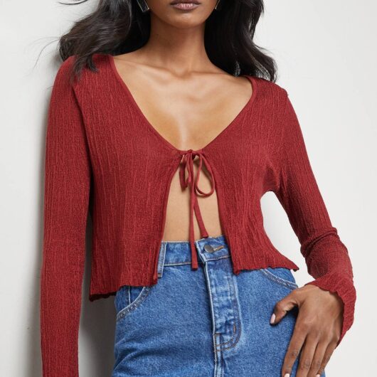 Warehouse Women's Burgundy Crinkle Sheer Tie Detail Cardigan Sweater | Size: Medium