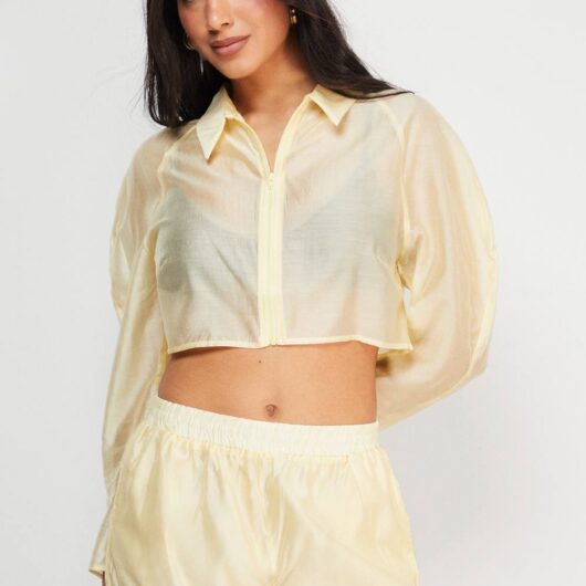 Warehouse Women's Organza Boxy Zip Through Shirt in Yellow | Size: 16